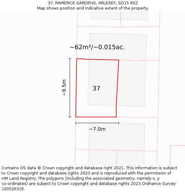 37, RAMERICK GARDENS, ARLESEY, SG15 6XZ: Plot and title map