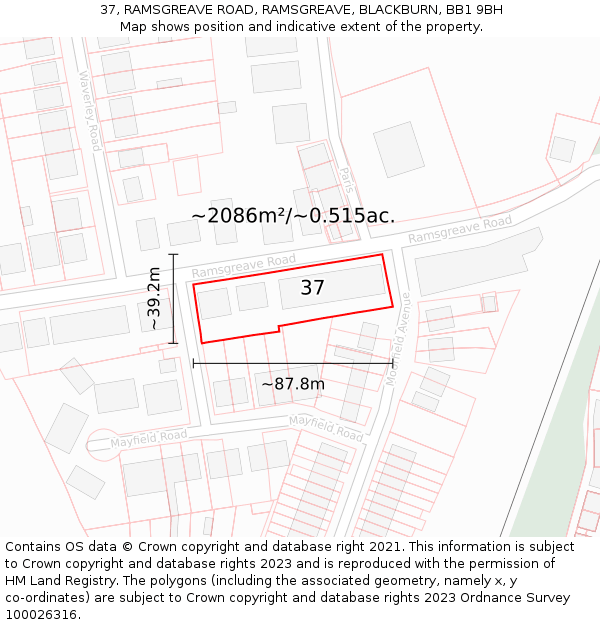 37, RAMSGREAVE ROAD, RAMSGREAVE, BLACKBURN, BB1 9BH: Plot and title map