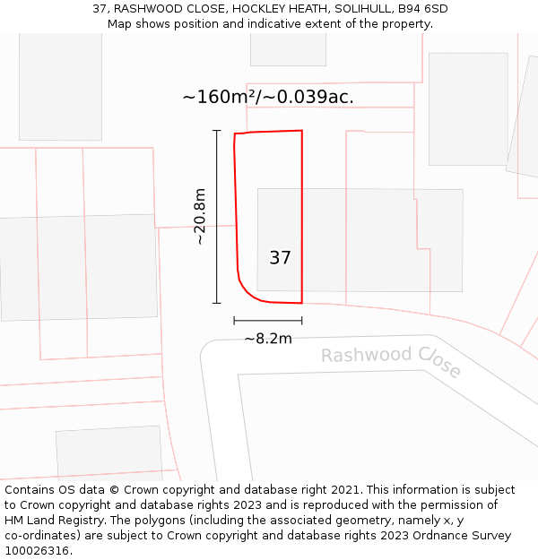 37, RASHWOOD CLOSE, HOCKLEY HEATH, SOLIHULL, B94 6SD: Plot and title map