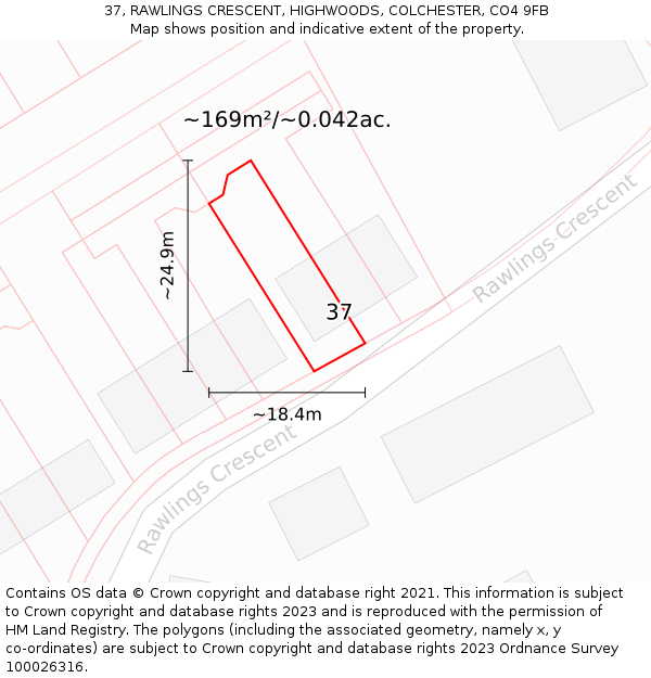 37, RAWLINGS CRESCENT, HIGHWOODS, COLCHESTER, CO4 9FB: Plot and title map