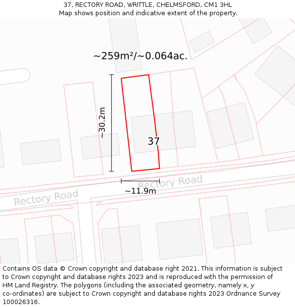 37, RECTORY ROAD, WRITTLE, CHELMSFORD, CM1 3HL: Plot and title map
