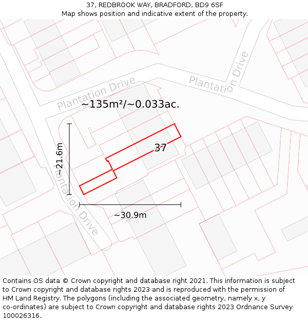37, REDBROOK WAY, BRADFORD, BD9 6SF: Plot and title map