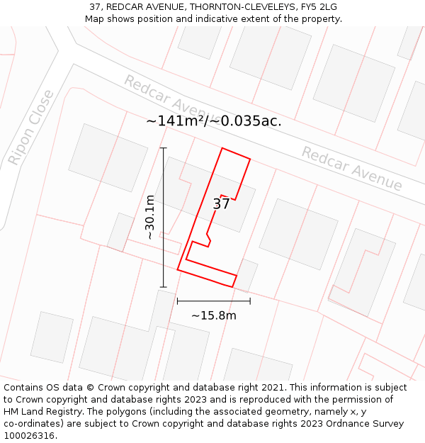 37, REDCAR AVENUE, THORNTON-CLEVELEYS, FY5 2LG: Plot and title map