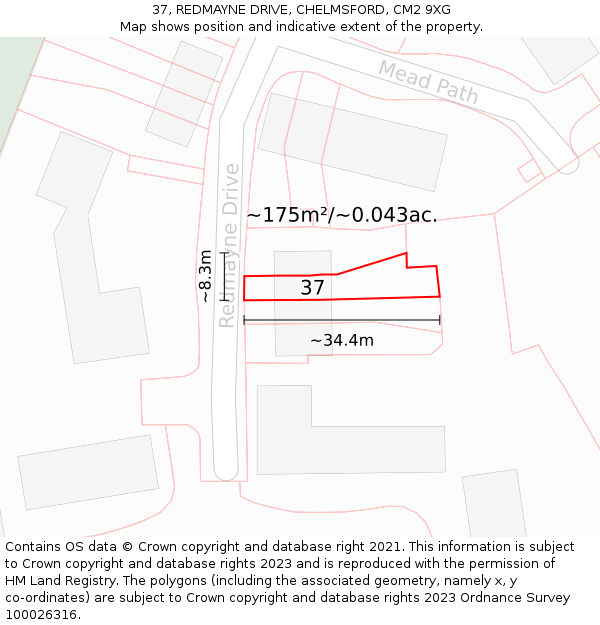 37, REDMAYNE DRIVE, CHELMSFORD, CM2 9XG: Plot and title map