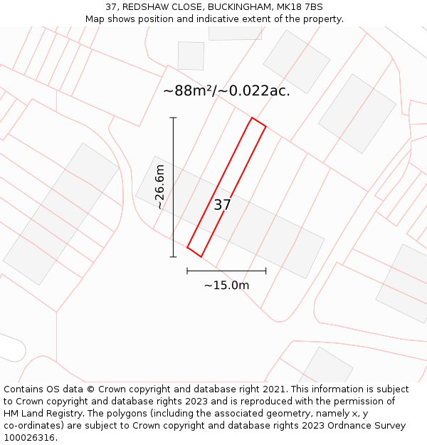 37, REDSHAW CLOSE, BUCKINGHAM, MK18 7BS: Plot and title map