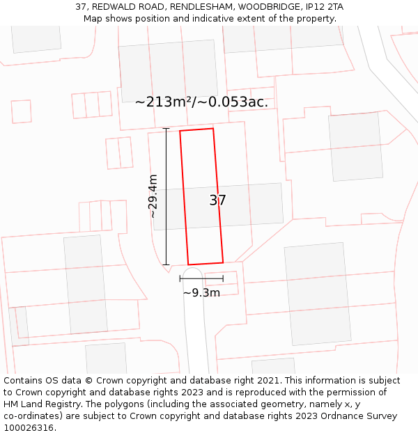 37, REDWALD ROAD, RENDLESHAM, WOODBRIDGE, IP12 2TA: Plot and title map