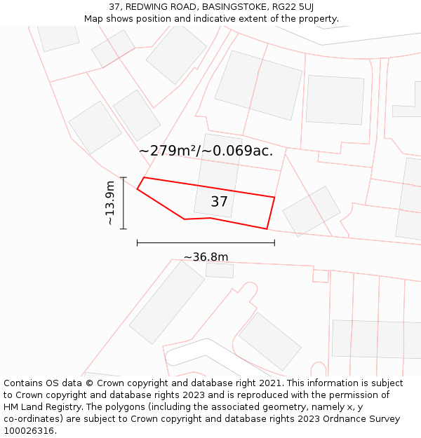 37, REDWING ROAD, BASINGSTOKE, RG22 5UJ: Plot and title map