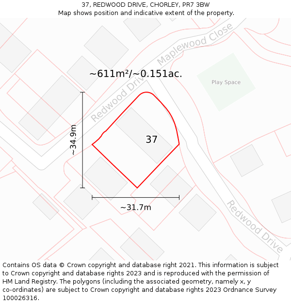 37, REDWOOD DRIVE, CHORLEY, PR7 3BW: Plot and title map