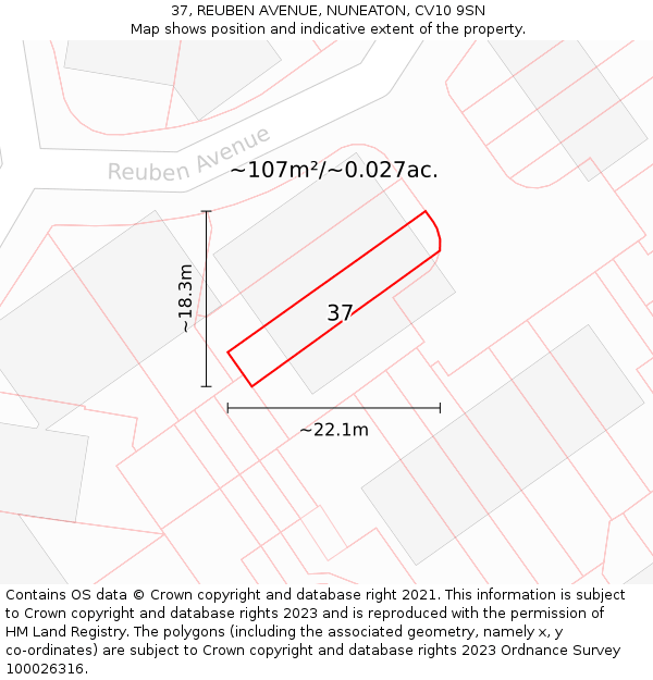 37, REUBEN AVENUE, NUNEATON, CV10 9SN: Plot and title map