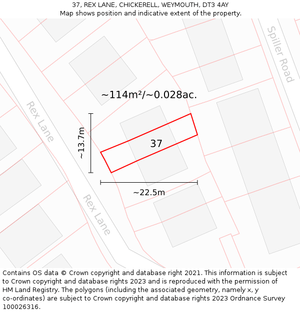37, REX LANE, CHICKERELL, WEYMOUTH, DT3 4AY: Plot and title map
