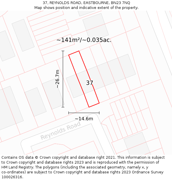 37, REYNOLDS ROAD, EASTBOURNE, BN23 7NQ: Plot and title map