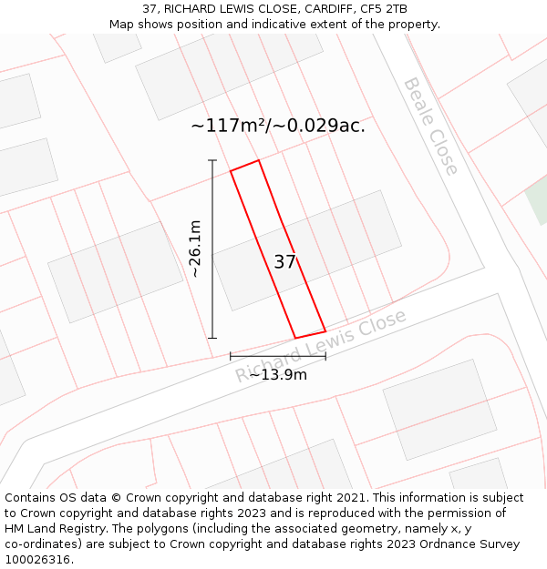 37, RICHARD LEWIS CLOSE, CARDIFF, CF5 2TB: Plot and title map