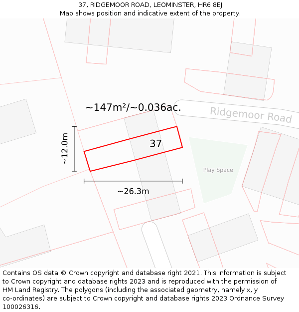 37, RIDGEMOOR ROAD, LEOMINSTER, HR6 8EJ: Plot and title map