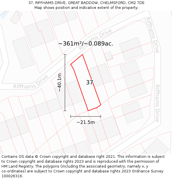 37, RIFFHAMS DRIVE, GREAT BADDOW, CHELMSFORD, CM2 7DE: Plot and title map
