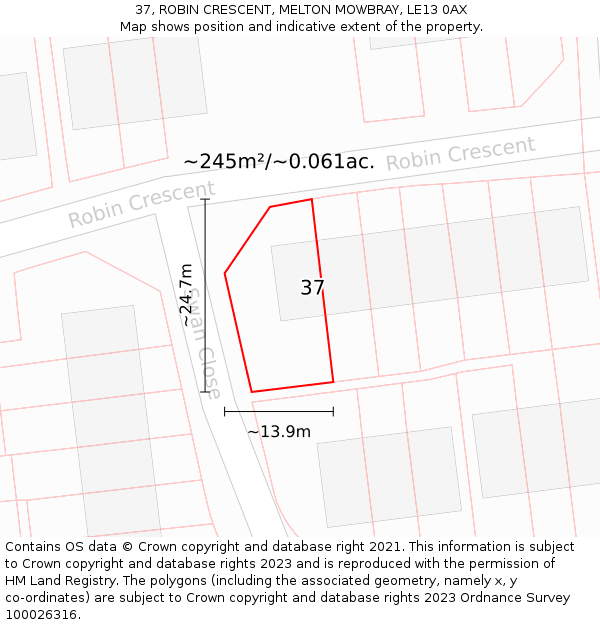 37, ROBIN CRESCENT, MELTON MOWBRAY, LE13 0AX: Plot and title map