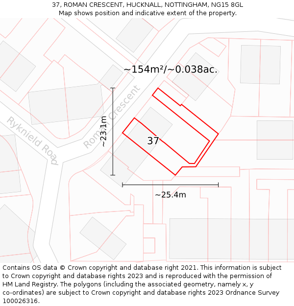 37, ROMAN CRESCENT, HUCKNALL, NOTTINGHAM, NG15 8GL: Plot and title map