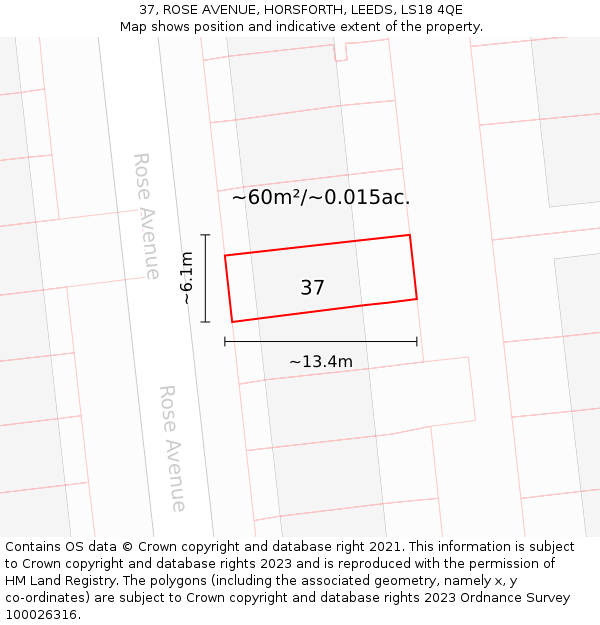 37, ROSE AVENUE, HORSFORTH, LEEDS, LS18 4QE: Plot and title map