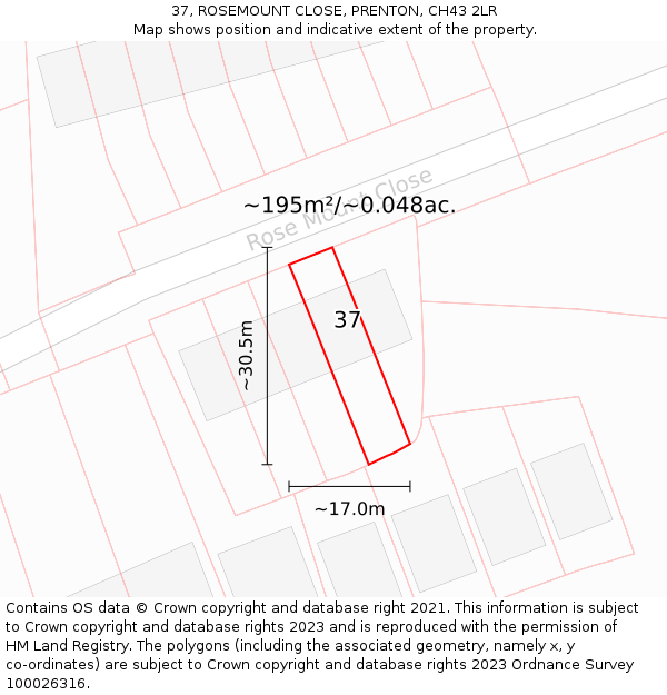 37, ROSEMOUNT CLOSE, PRENTON, CH43 2LR: Plot and title map