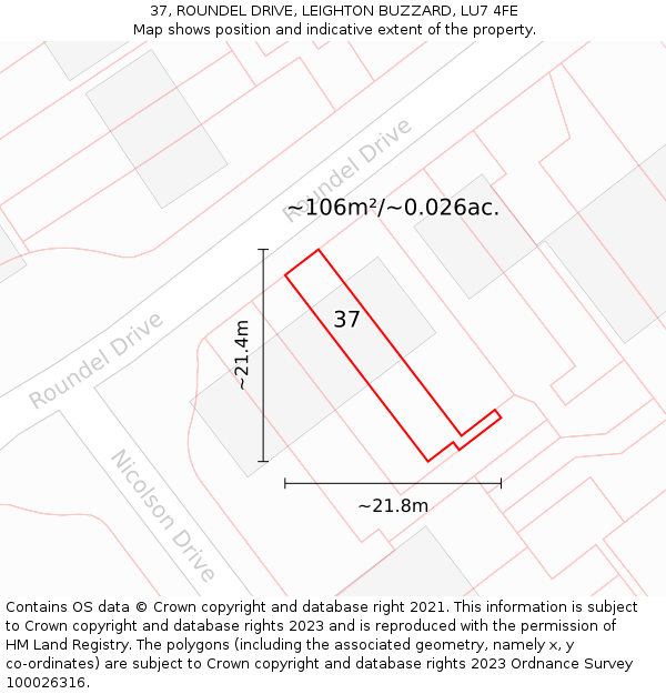 37, ROUNDEL DRIVE, LEIGHTON BUZZARD, LU7 4FE: Plot and title map