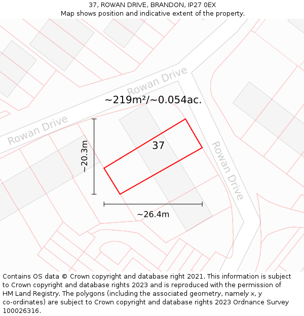 37, ROWAN DRIVE, BRANDON, IP27 0EX: Plot and title map
