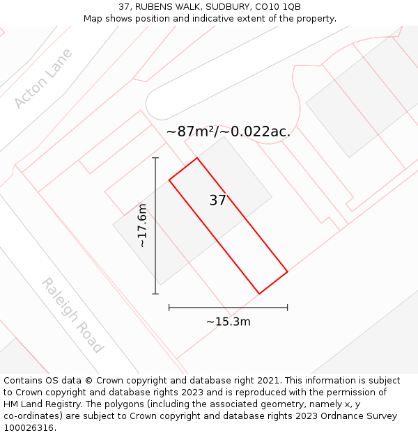 37, RUBENS WALK, SUDBURY, CO10 1QB: Plot and title map