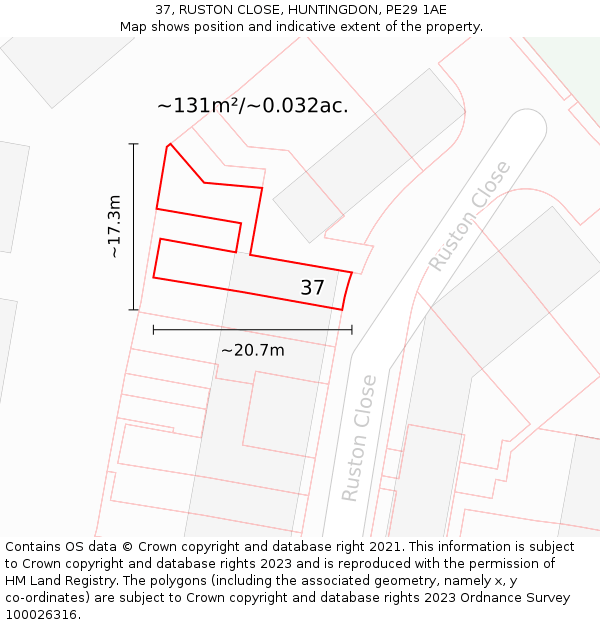 37, RUSTON CLOSE, HUNTINGDON, PE29 1AE: Plot and title map