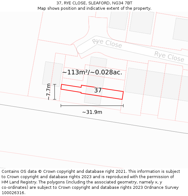 37, RYE CLOSE, SLEAFORD, NG34 7BT: Plot and title map