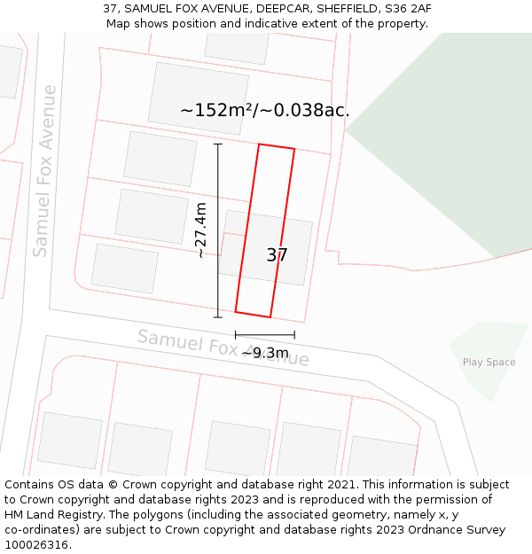 37, SAMUEL FOX AVENUE, DEEPCAR, SHEFFIELD, S36 2AF: Plot and title map