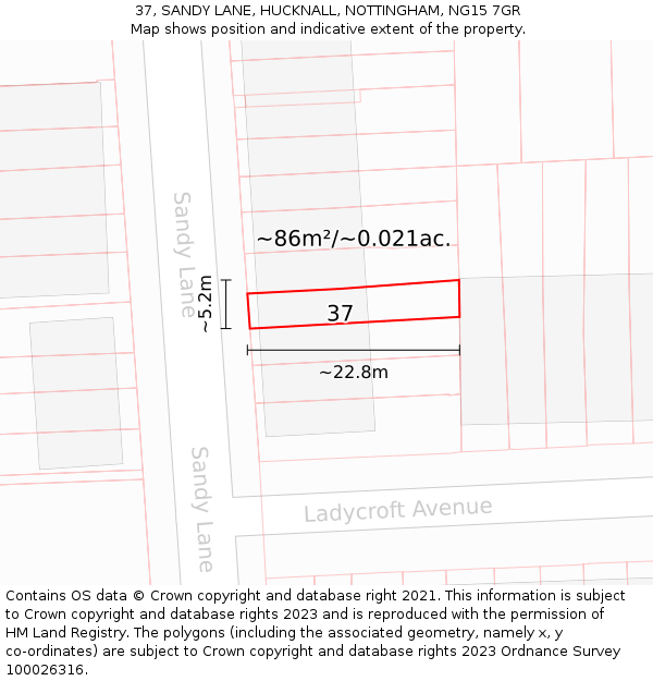 37, SANDY LANE, HUCKNALL, NOTTINGHAM, NG15 7GR: Plot and title map
