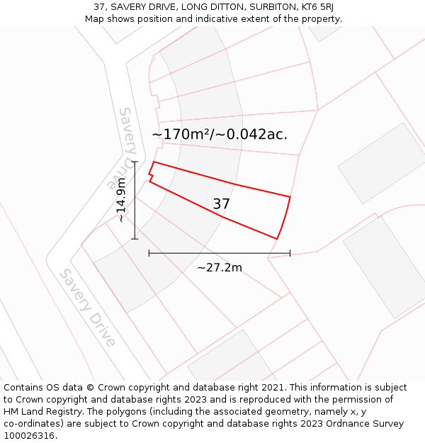 37, SAVERY DRIVE, LONG DITTON, SURBITON, KT6 5RJ: Plot and title map