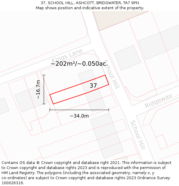 37, SCHOOL HILL, ASHCOTT, BRIDGWATER, TA7 9PN: Plot and title map