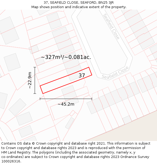 37, SEAFIELD CLOSE, SEAFORD, BN25 3JR: Plot and title map