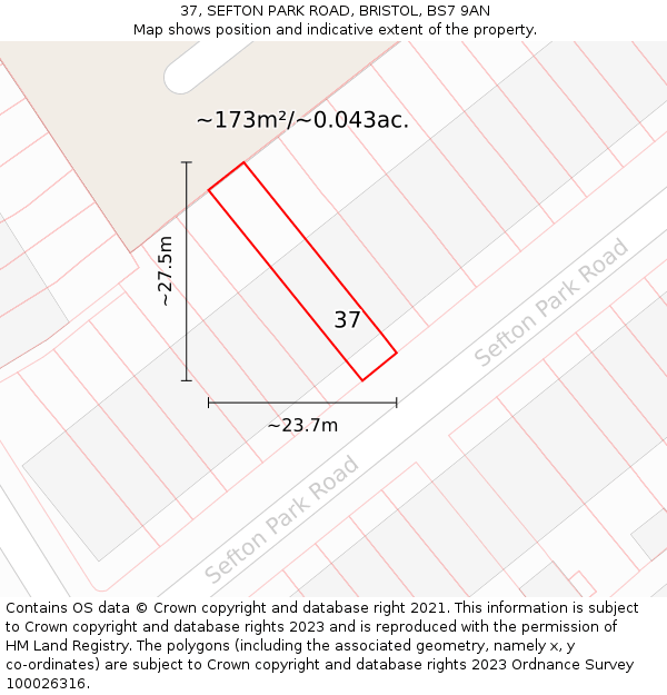 37, SEFTON PARK ROAD, BRISTOL, BS7 9AN: Plot and title map