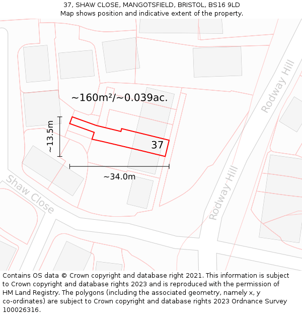 37, SHAW CLOSE, MANGOTSFIELD, BRISTOL, BS16 9LD: Plot and title map