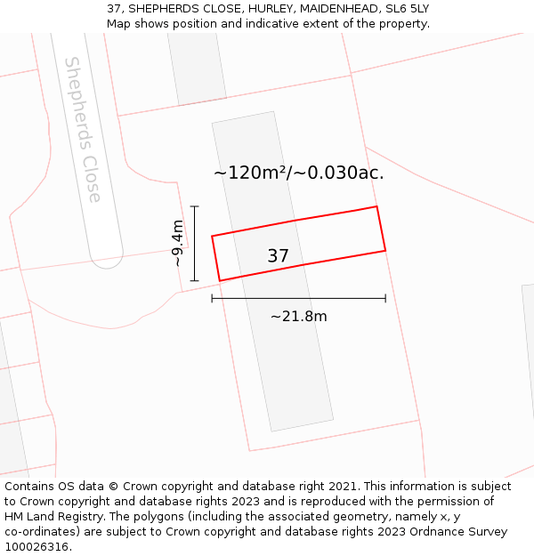 37, SHEPHERDS CLOSE, HURLEY, MAIDENHEAD, SL6 5LY: Plot and title map