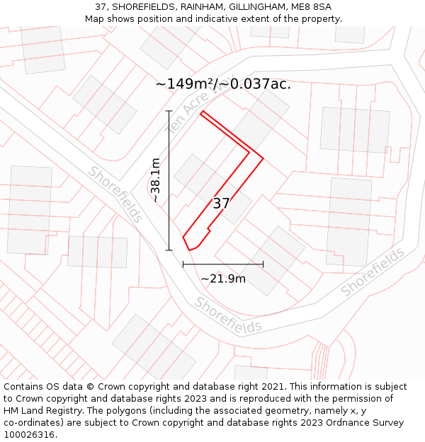 37, SHOREFIELDS, RAINHAM, GILLINGHAM, ME8 8SA: Plot and title map