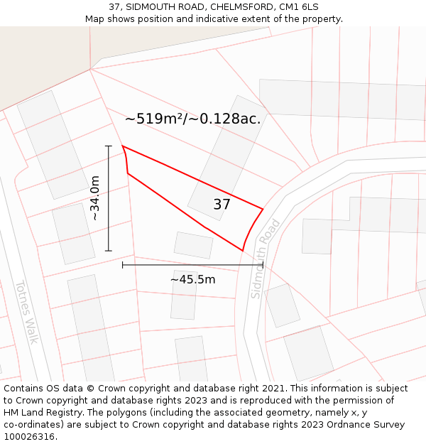 37, SIDMOUTH ROAD, CHELMSFORD, CM1 6LS: Plot and title map