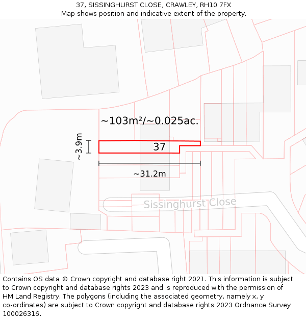 37, SISSINGHURST CLOSE, CRAWLEY, RH10 7FX: Plot and title map