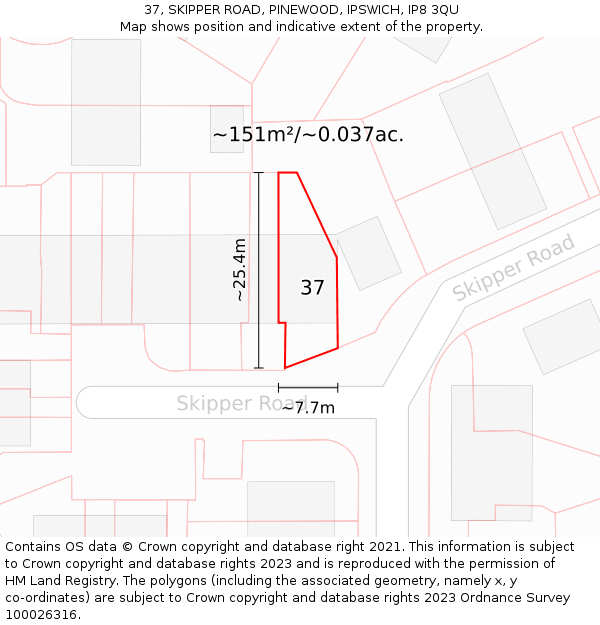 37, SKIPPER ROAD, PINEWOOD, IPSWICH, IP8 3QU: Plot and title map