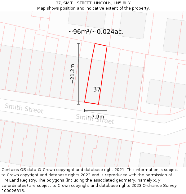37, SMITH STREET, LINCOLN, LN5 8HY: Plot and title map