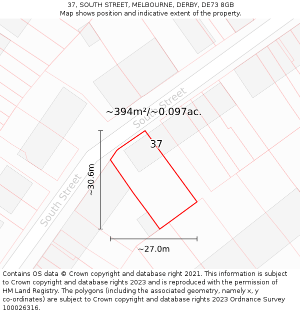 37, SOUTH STREET, MELBOURNE, DERBY, DE73 8GB: Plot and title map