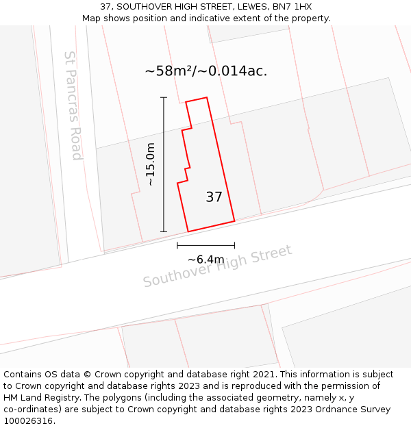 37, SOUTHOVER HIGH STREET, LEWES, BN7 1HX: Plot and title map