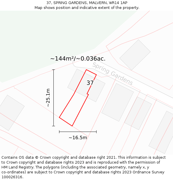 37, SPRING GARDENS, MALVERN, WR14 1AP: Plot and title map