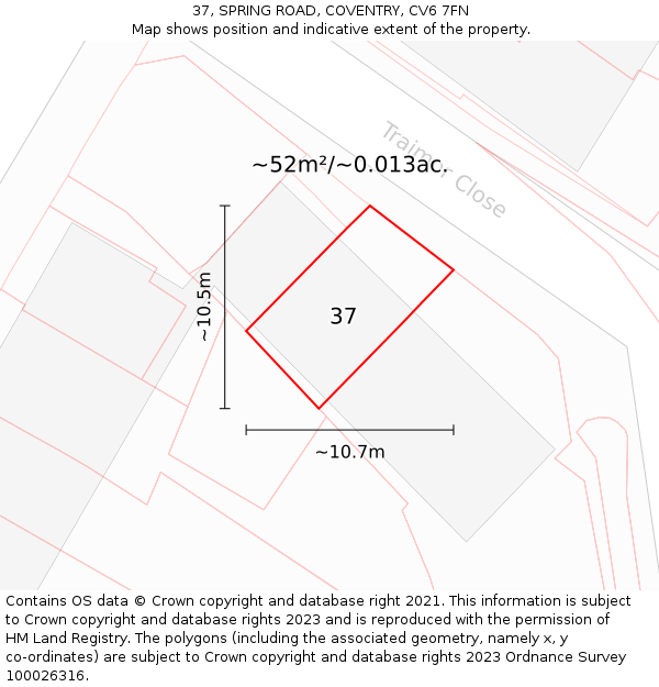 37, SPRING ROAD, COVENTRY, CV6 7FN: Plot and title map