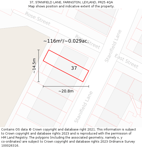 37, STANIFIELD LANE, FARINGTON, LEYLAND, PR25 4QA: Plot and title map