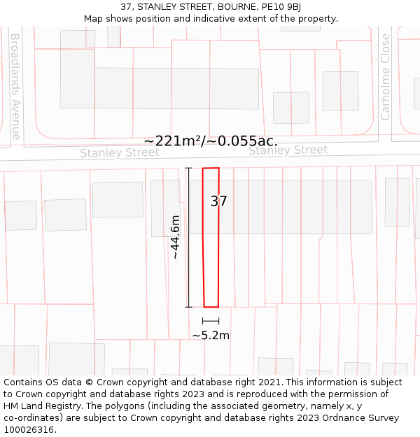 37, STANLEY STREET, BOURNE, PE10 9BJ: Plot and title map