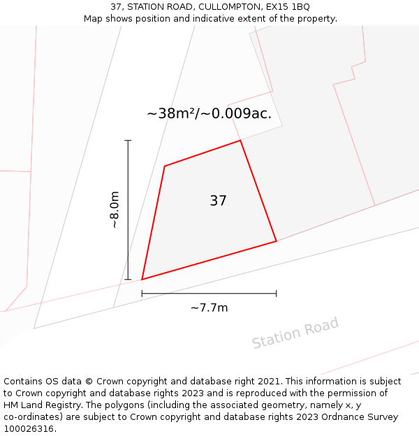 37, STATION ROAD, CULLOMPTON, EX15 1BQ: Plot and title map