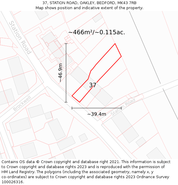 37, STATION ROAD, OAKLEY, BEDFORD, MK43 7RB: Plot and title map