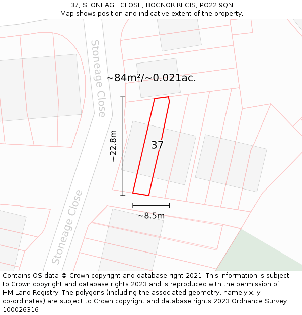 37, STONEAGE CLOSE, BOGNOR REGIS, PO22 9QN: Plot and title map