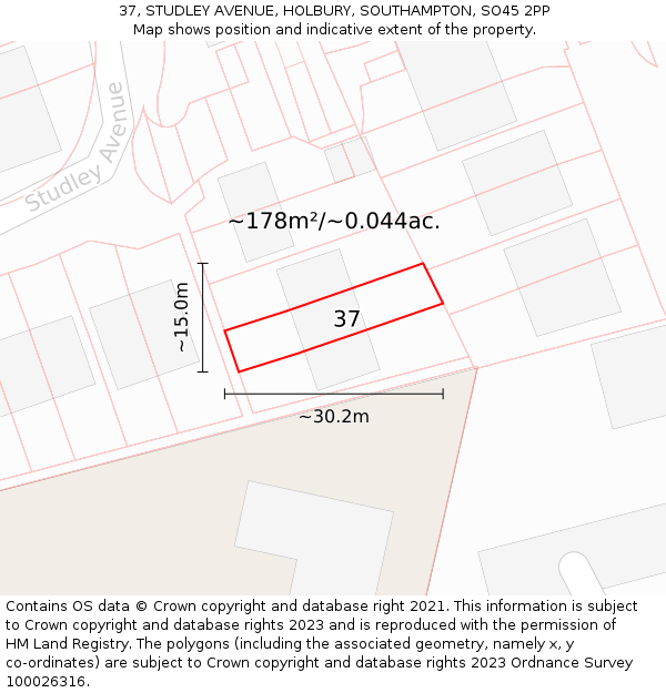 37, STUDLEY AVENUE, HOLBURY, SOUTHAMPTON, SO45 2PP: Plot and title map